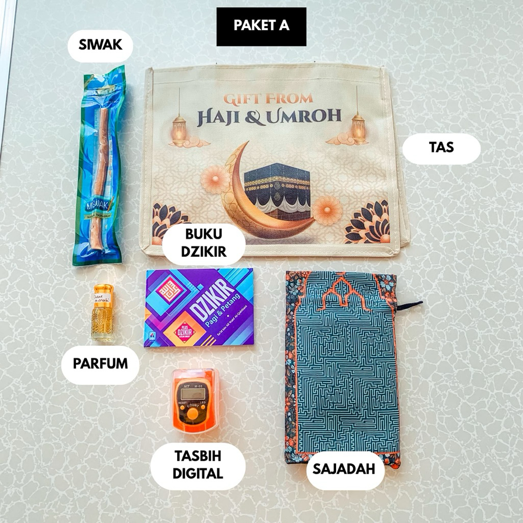 Paket PREMIUM oleh oleh haji umroh - sajadah travel pack - tasbih Kayu & Digital - Parfum Arab-Siwak