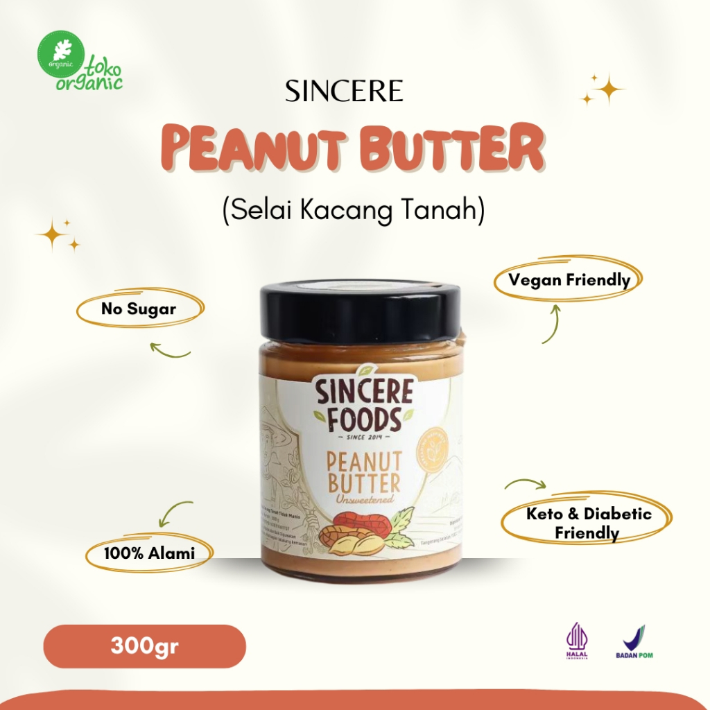 

Sincere Unsweetened Peanut Butter (300gr) | Selai Kacang Origianal Tidak Manis, Peanut Butter Vegan Friendly, Selai Kacang Sehat Aman untuk Diet Keto dan Diabetes, Selai Kacang MPASI