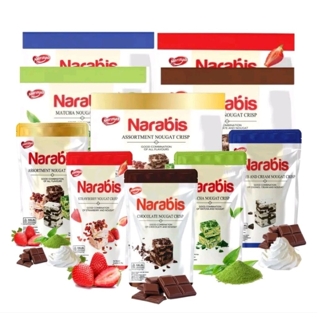

COD Naraya Narabis 90 gr/200 gr rasa Strawberry Matcha Chocolate Cookies Cream Assortment Nougat Crispy Halal