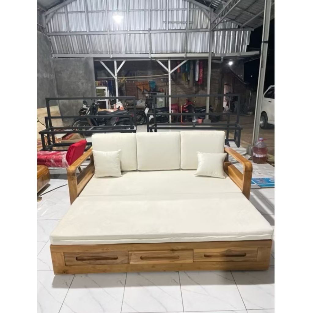 Sofa bed / day bed / sofa lipat kayu jati modern minimalis varian laci 3pcs modern minimalis