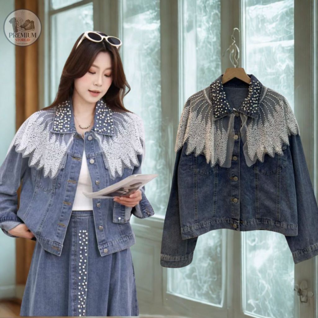 Set Rok dan Jaket Jeans Wanita Premium Bordir Payet mutiara – Outfit Denim Elegan Korean Style Fit t
