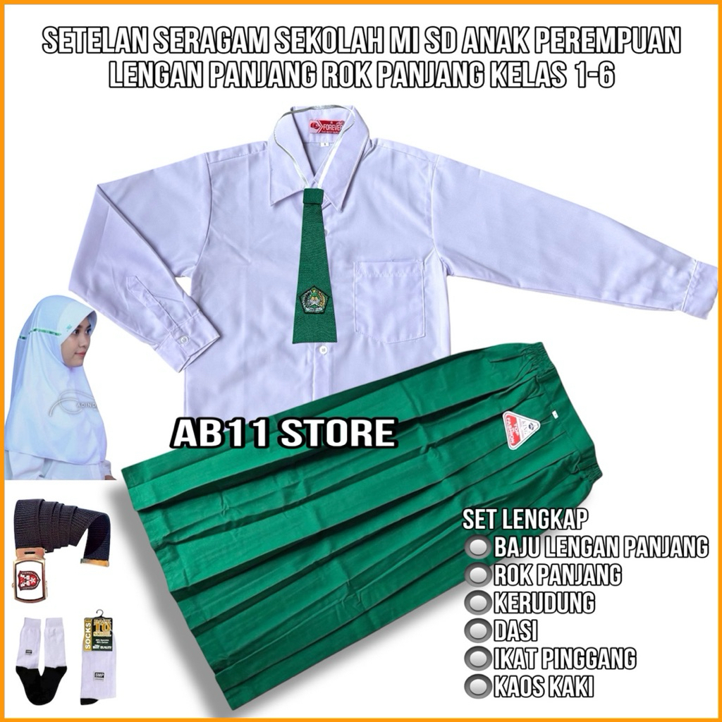 setelan seragam putih hijau sekolah SD Mi anak perempuan baju putih lengan panjang rok hijau Panjang