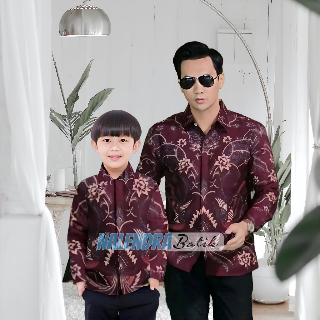 NLNDR Couple Batik Ayah dan Anak Laki laki || Kemeja Batik Pria dan Anak Modern Terbaru Merah Maroon