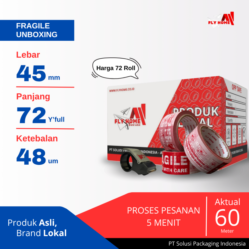 

FLYHOME Lakban fragile unboxing 72yard 2inci 45x72 yard 1dus - 72Rolls segel printing vidio CARGO