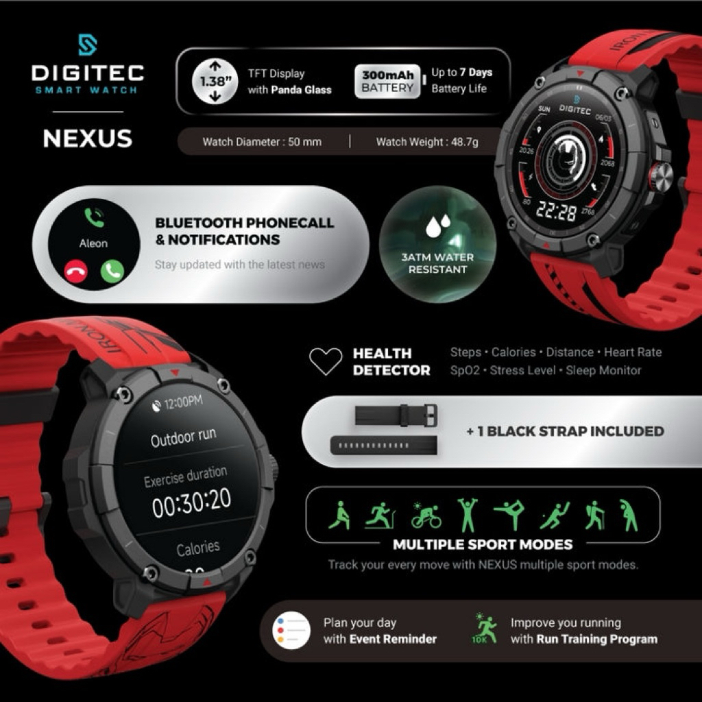 Digitec NEXUS Jam Tangan Pria Smart Watch GPS+Free Strap Original Bergaransi Resmi