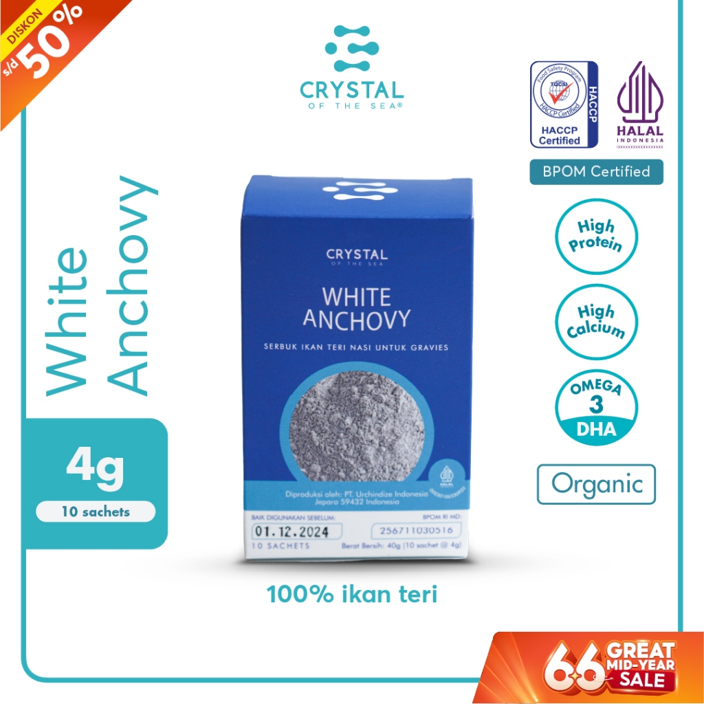 

Crystal of the Sea | White Anchovy Powder Box (4GR x 10 Sachet) | Bubuk Ikan Teri Nasi / Whitebait - Bumbu Kaldu MPASI NON MSG SACHET