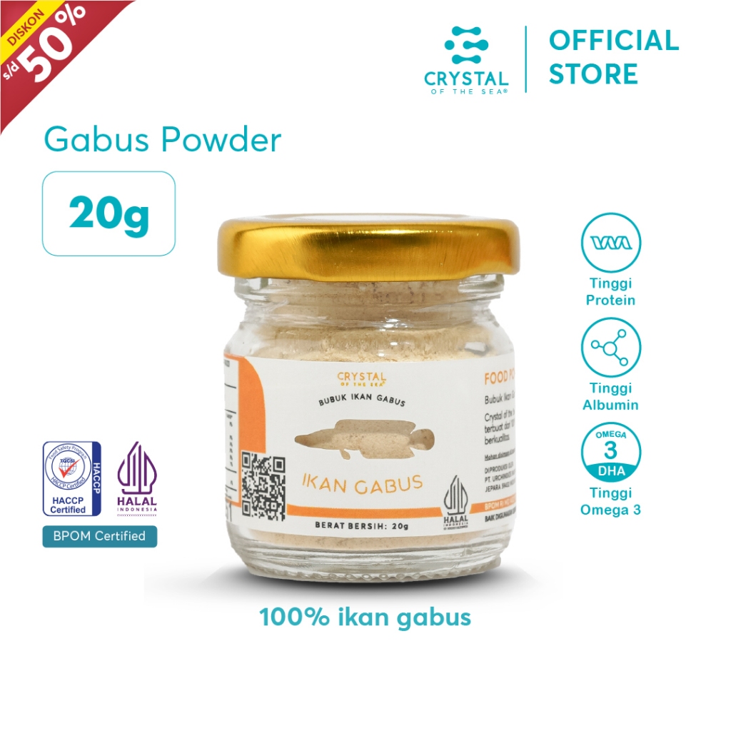 

Crystal of the Sea - Gabus Food Powder 20g/Bubuk Ikan Gabus / Kaldu MPASI / Tinggi Albumin