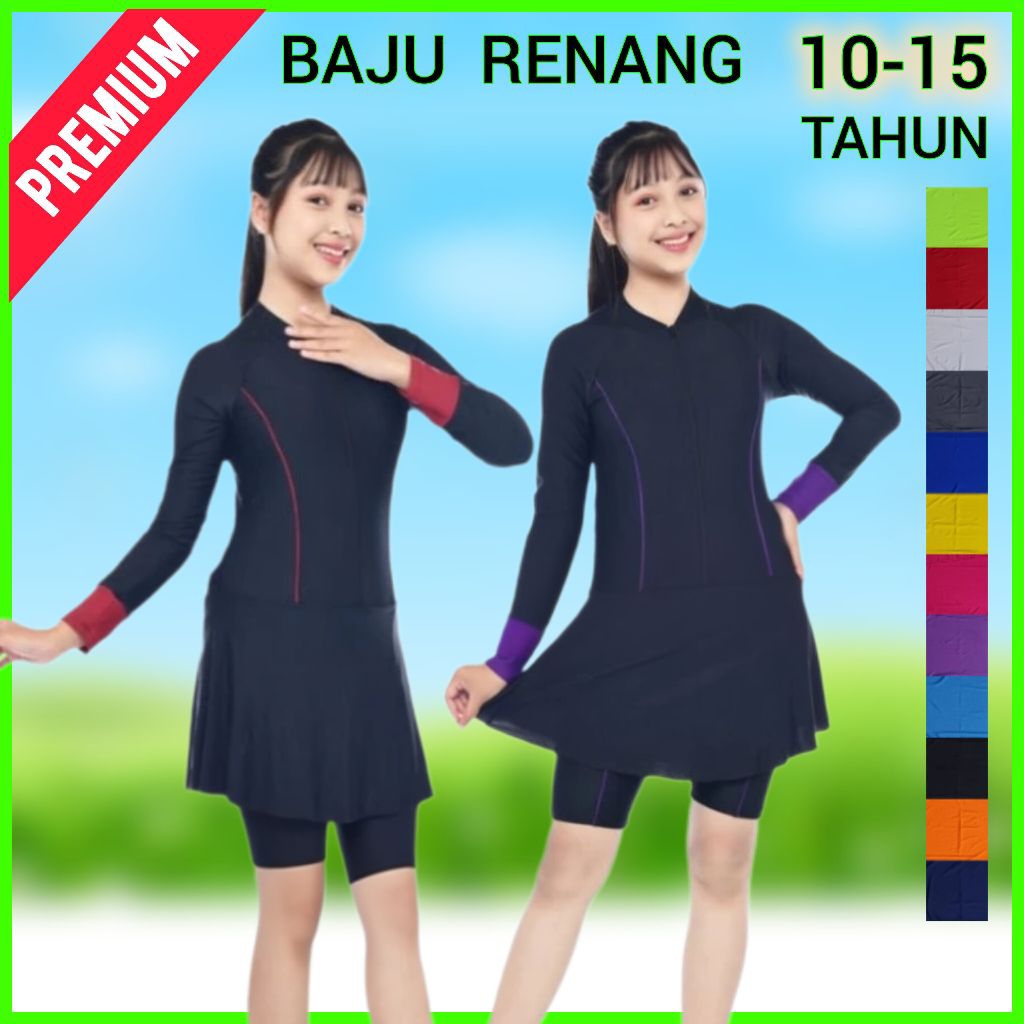 10-15 TAHUN Baju Renang Anak Perempuan Terbaru PREMIUM 1 One Piece Warna Hitam POLOS Swimwear Pakaia