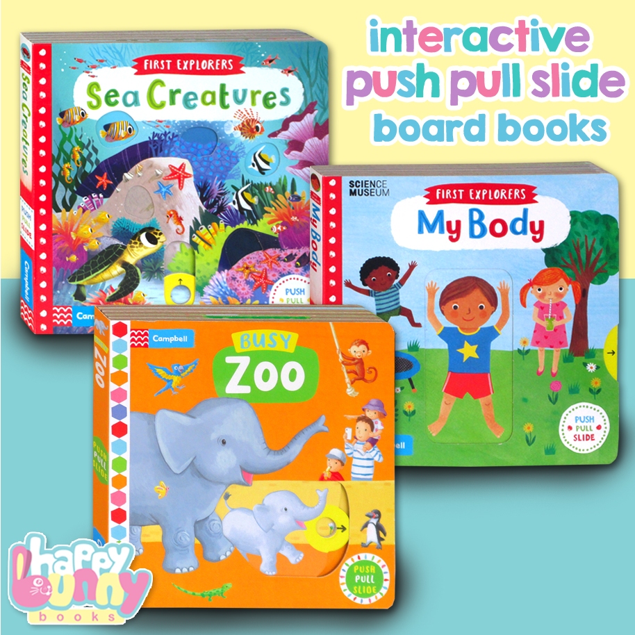 Gusfams - Campbell Push Pull Slide Interactive Board Book - Busy Zoo, Safari, Sea Creatures, My Body