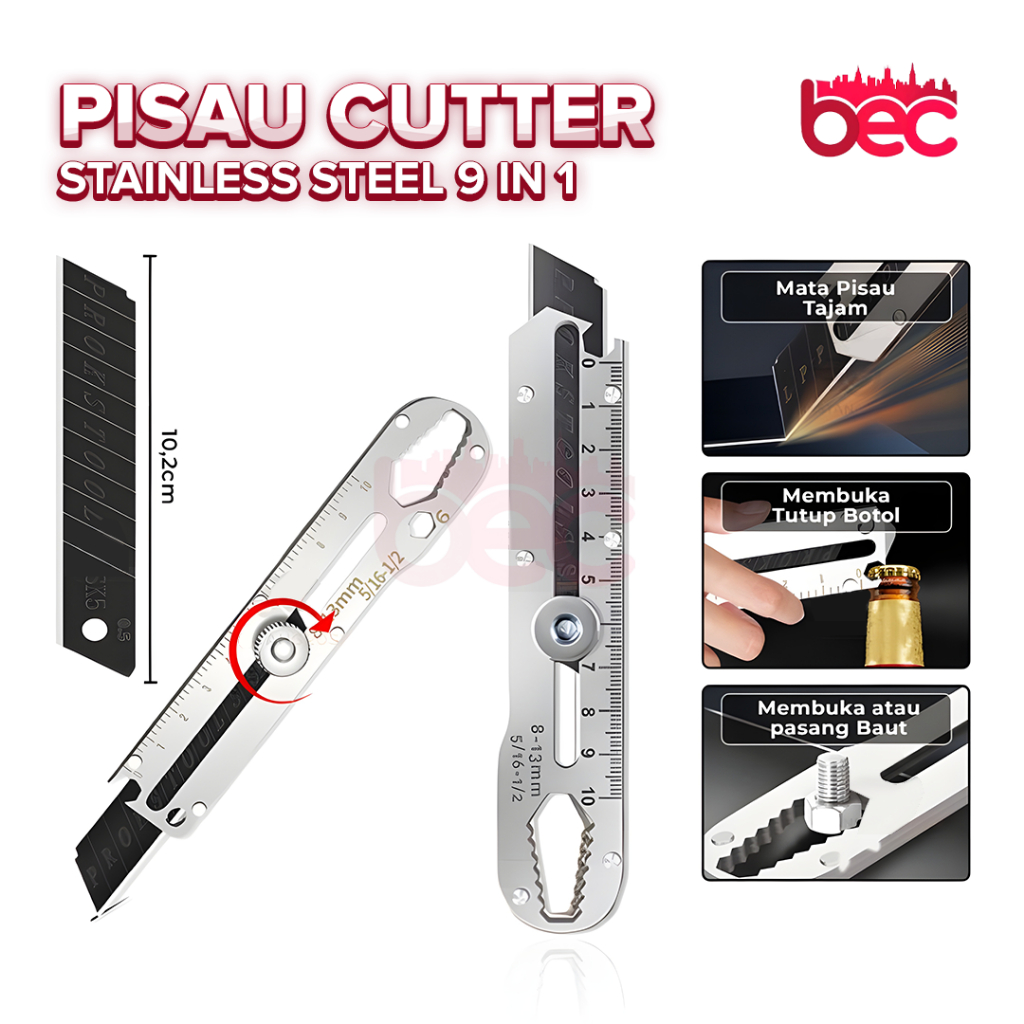 

[BEC] Pisau Cutter Stainless Steel 9in1 Multifungsi | Pengencang Mur / Skrup | Pembuka Tutup Botol | Penggaris Kater Tajam
