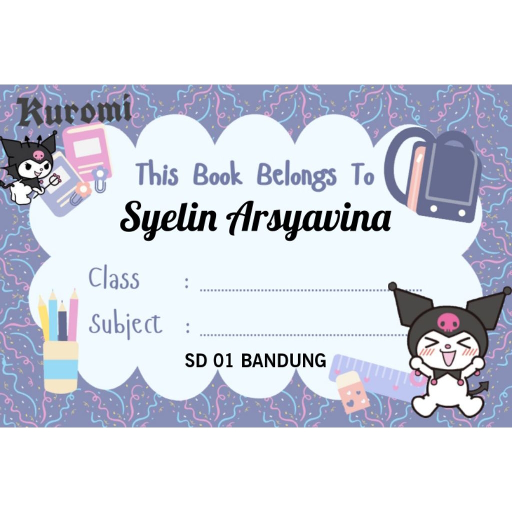 

(ISI 50 PCS) SUDAH ADA LEM STICKER LABEL BUKU SEKOLAH CUSTOM NAMA & FOTO MOTIF KUROMI