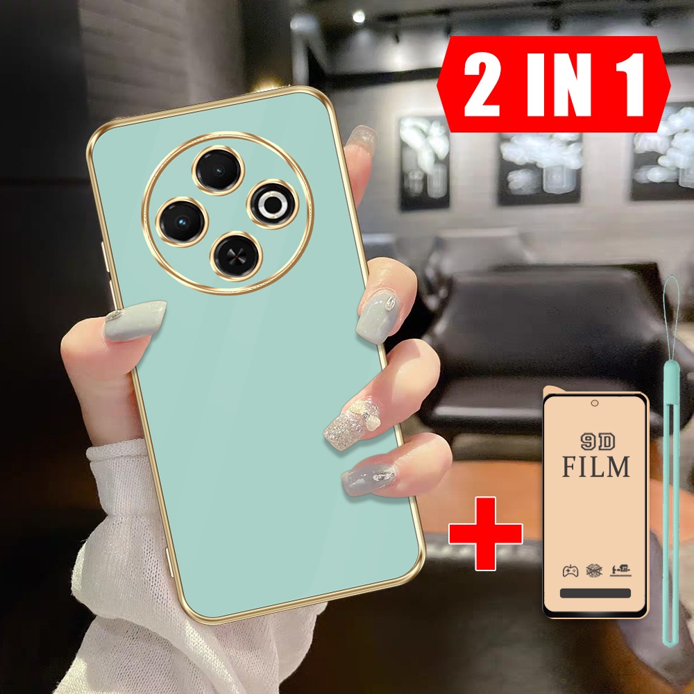 2 dalam 1 Case HP Tecno Spark 30C 4G Kl5 Kl5n Casing Border Emas dengan Film Keramik Anti Gores dan 