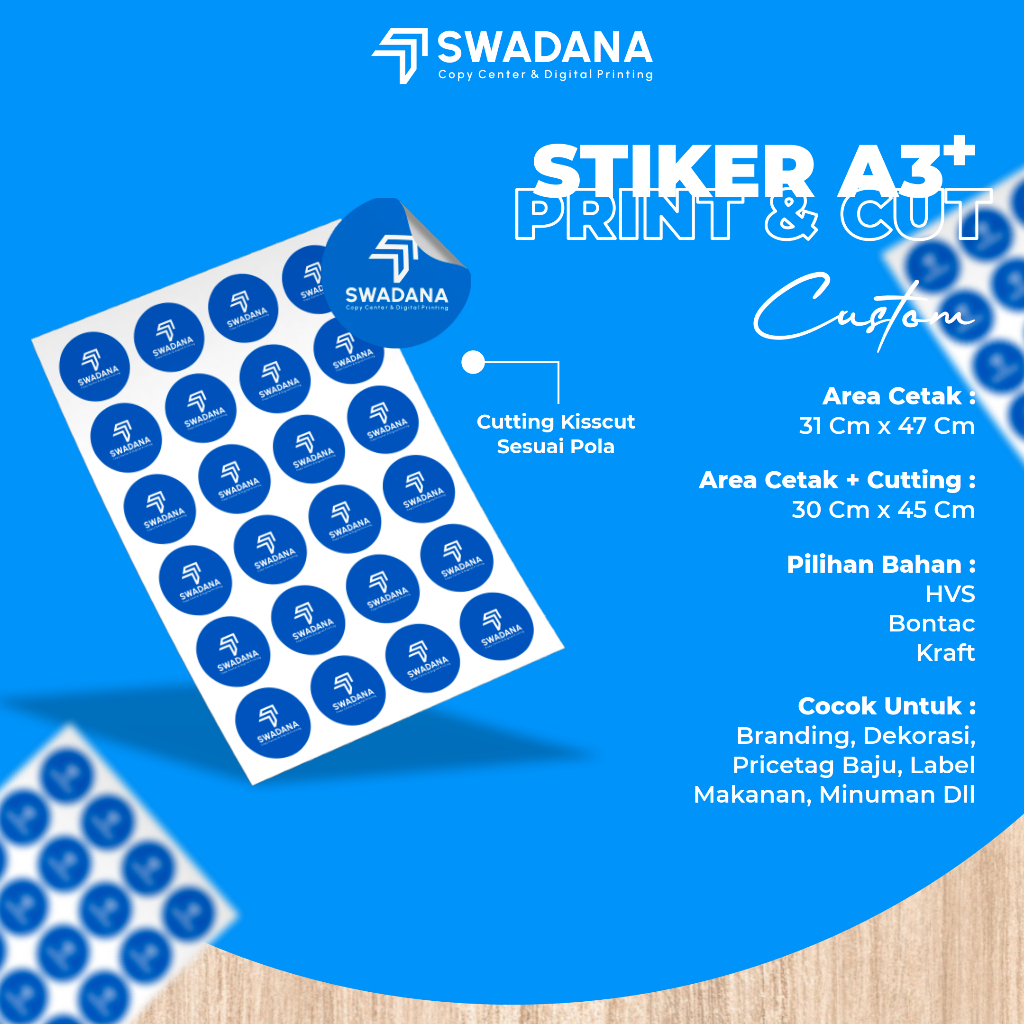 

Cetak Stiker HVS / Bontac / Kraft A3+ | Print & Cut [ Cutting Kisscut Sesuai Pola ]