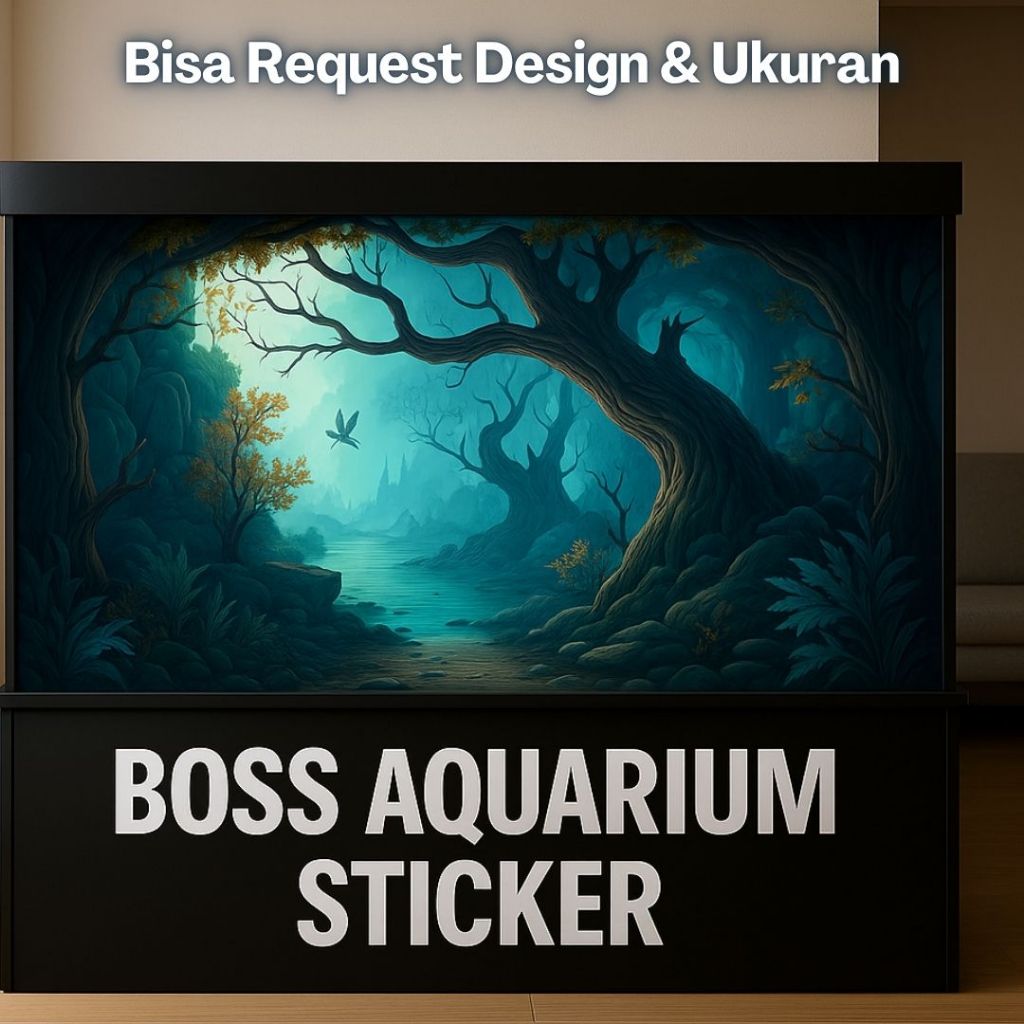 Boss Aquarium Sticker Background Walpaper Kolam Ikan Gambar Akar Liar Pemandangan Alam Free Custom