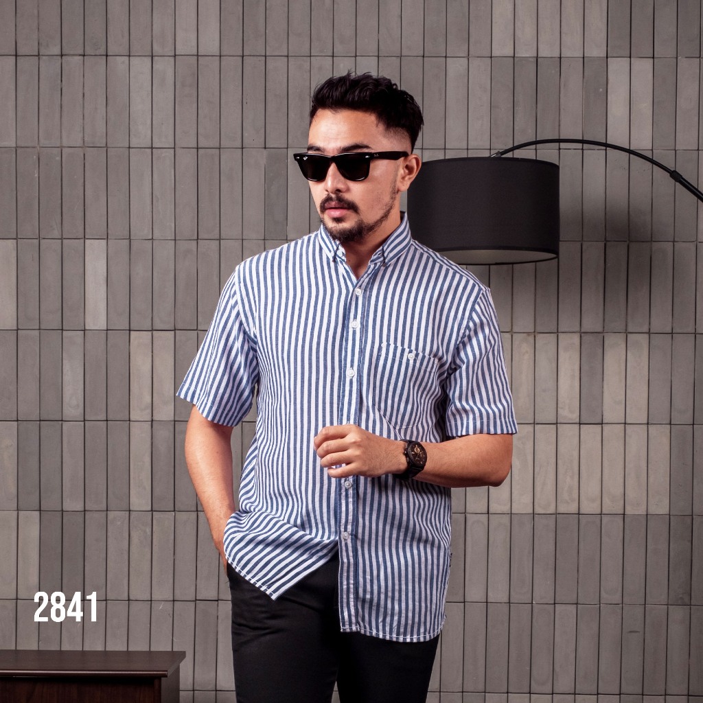 PAKAJI Kemeja Pria Salur Lengan Pendek Premium Kemeja Stripe Pria Kemeja Garis Pria Slimfit Garis Na