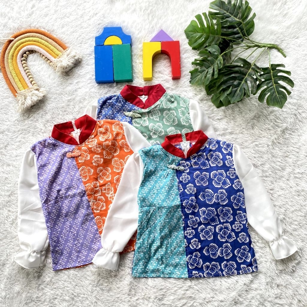 Blus Top Atasan Batik Anak Shanghai Lengan Panjang Kerah Merah Mix Bunga Parangan Cantik