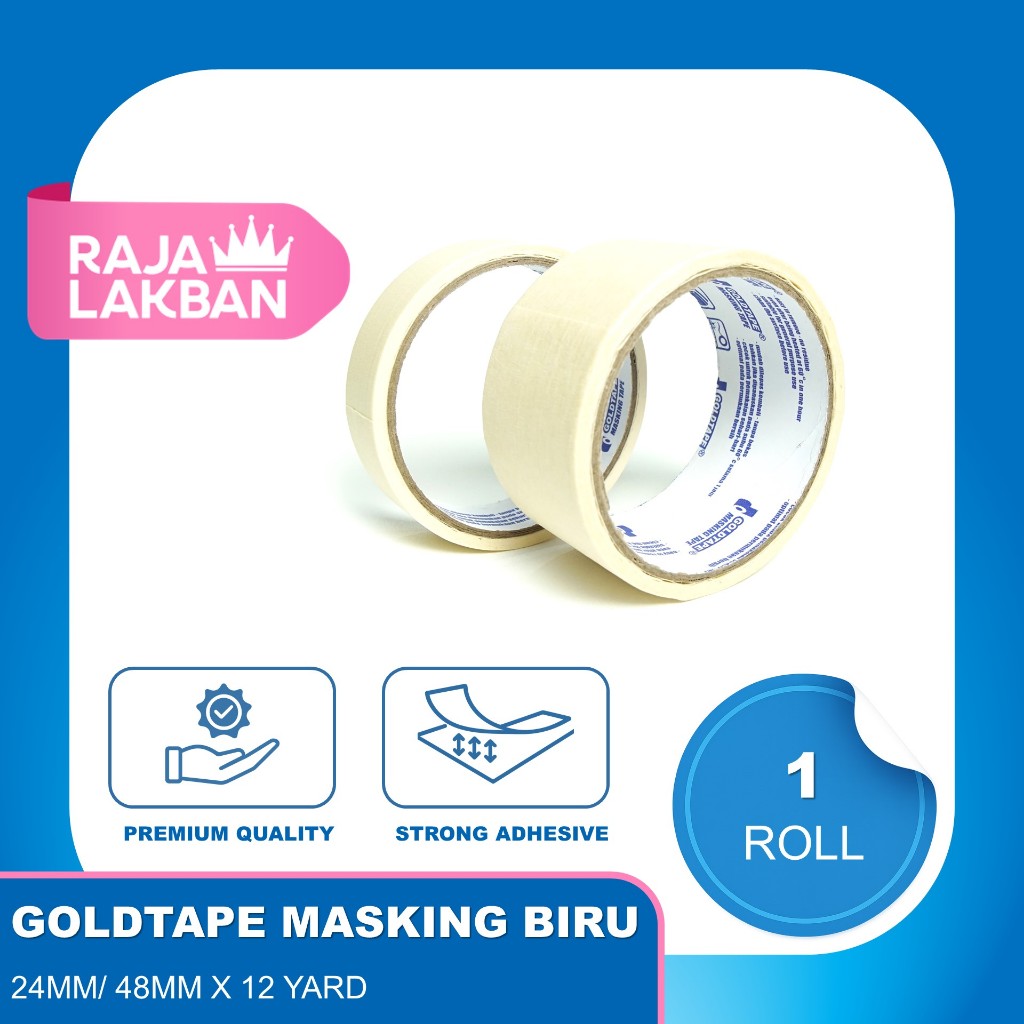 

Lakban Kertas Goldtape Masking Tape Core Biru1 inch 24mm, 2 Inch 48mm x 12 Yard - Roll
