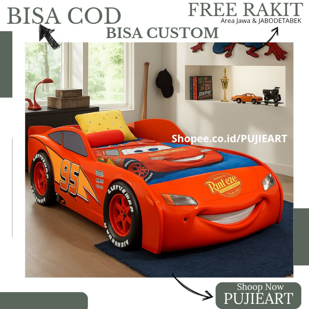 Tempat Tidur Anak Karakter Lightning Mc Queen, Ranjang Anak Laki-laki Model Mobil