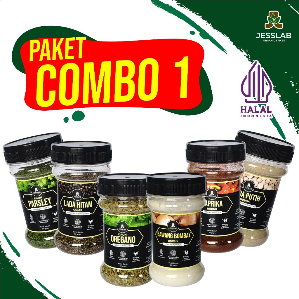 

Jesslab Spices - Paket Kombo isi - Lada Hitam Kasar Paprika Oregano Parsley Bawang Bombay Putih Bubuk