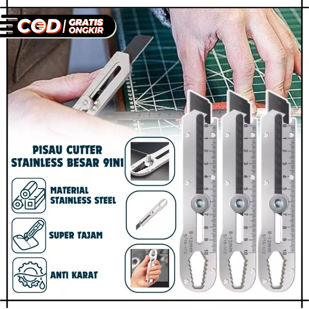 

Pisau Cutter Stainless Besi 9in1 Cutter Stainless Pemotong Kertas Tajam Anti Karat Serbaguna