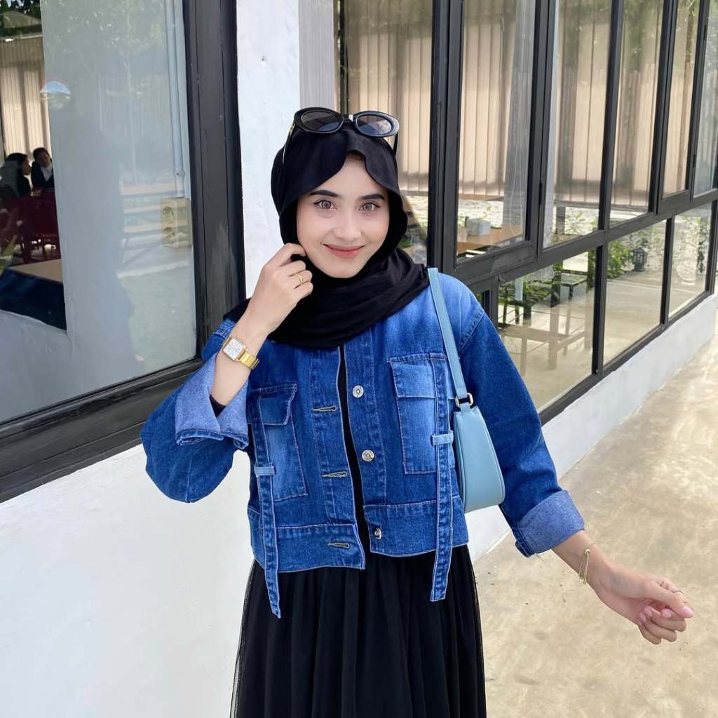 EMWEHA Fuji Jaket Crop Jeans Denim Oversize cewek Pocket Variasi Tali Denim