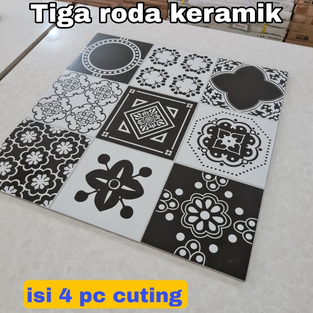 keramik 50x50/keramik batik/keramik hitam putih/keramik teras dop satin/keramik cutting/keramik pola