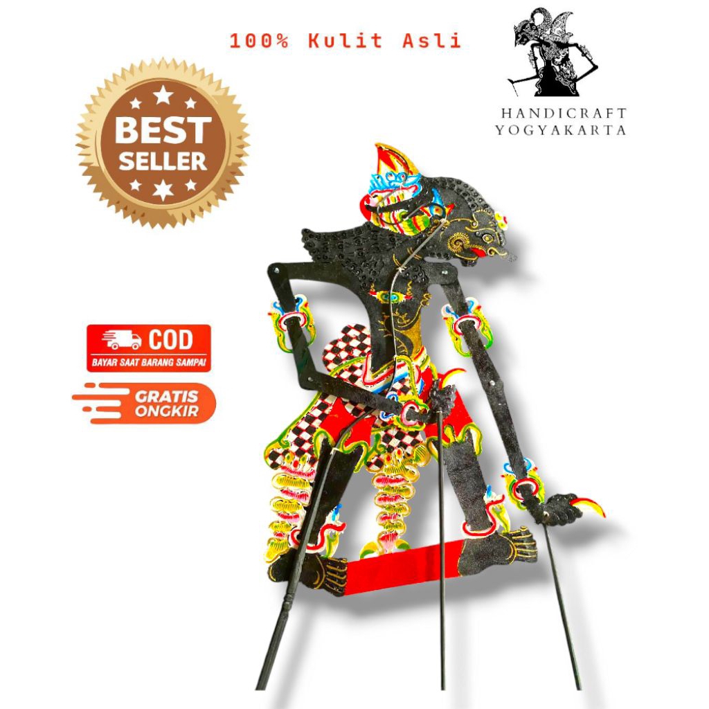 Brotoseno Bima Wayang Purwa Wayang Kulit Asli dari Kulit Sapi Ukuran Besar Warna Hitam