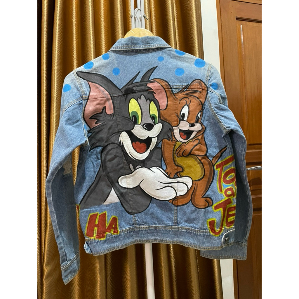 jaket jeans lukis painting tom&jerry kartun