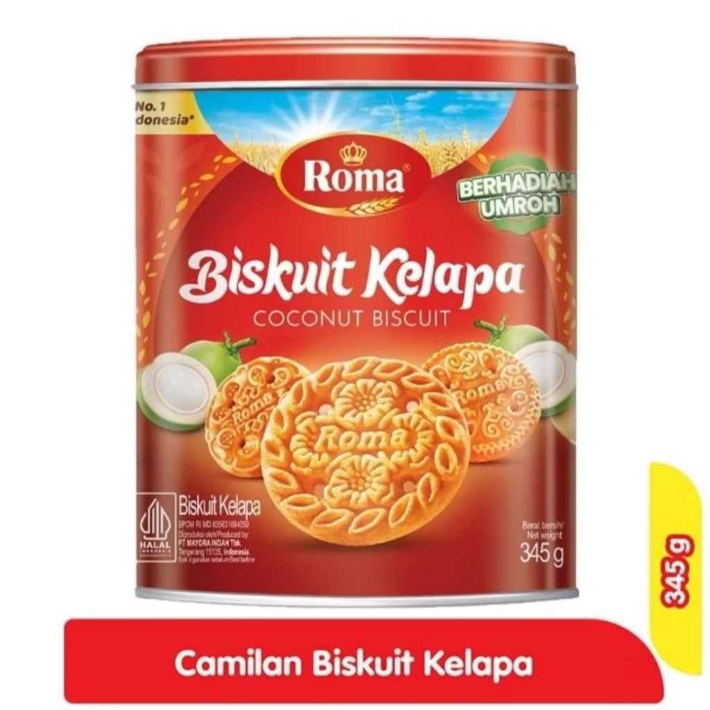 

￼Roma Biskuit Kelapa 345gr Coconut Biscuits Kemasan Kaleng Biscuit Mayora