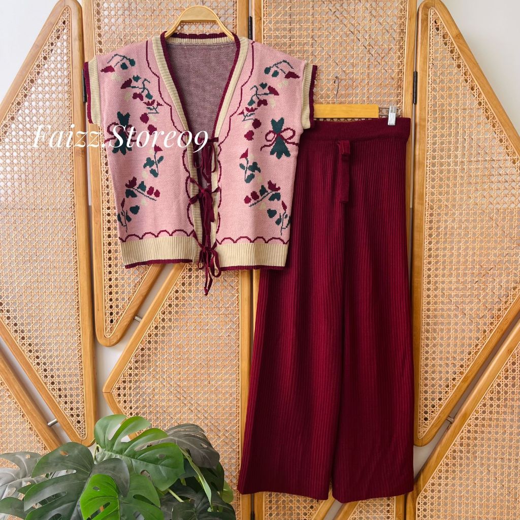 Oneset Edeel Vest Rompi Rajut Motif Bunga Tali Pita Lucu Setelan Celana Kulot Premium Wanita Kekinia