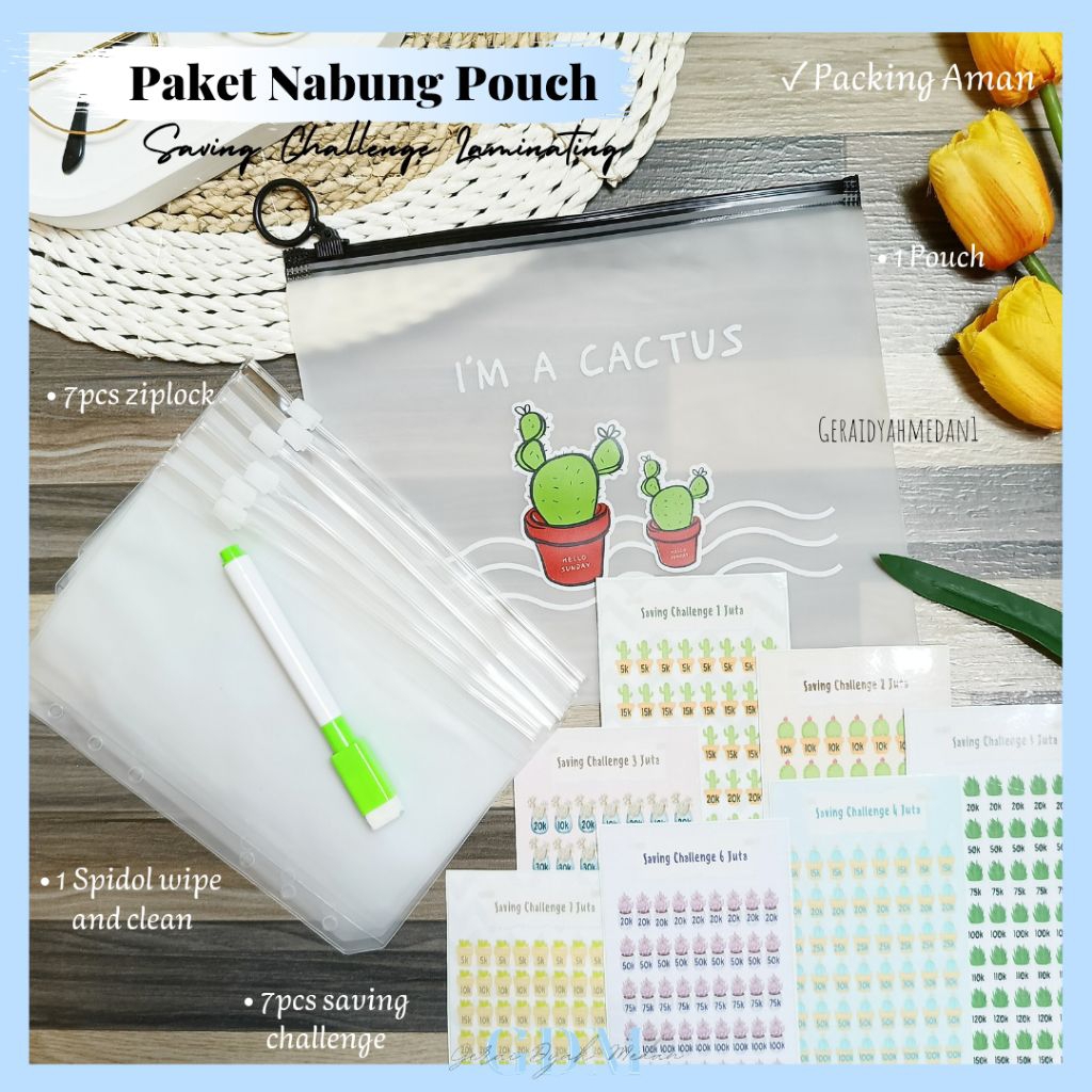 

Paket Nabung Pouch Saving Challenge Laminating Motif Kaktus Target 28Juta