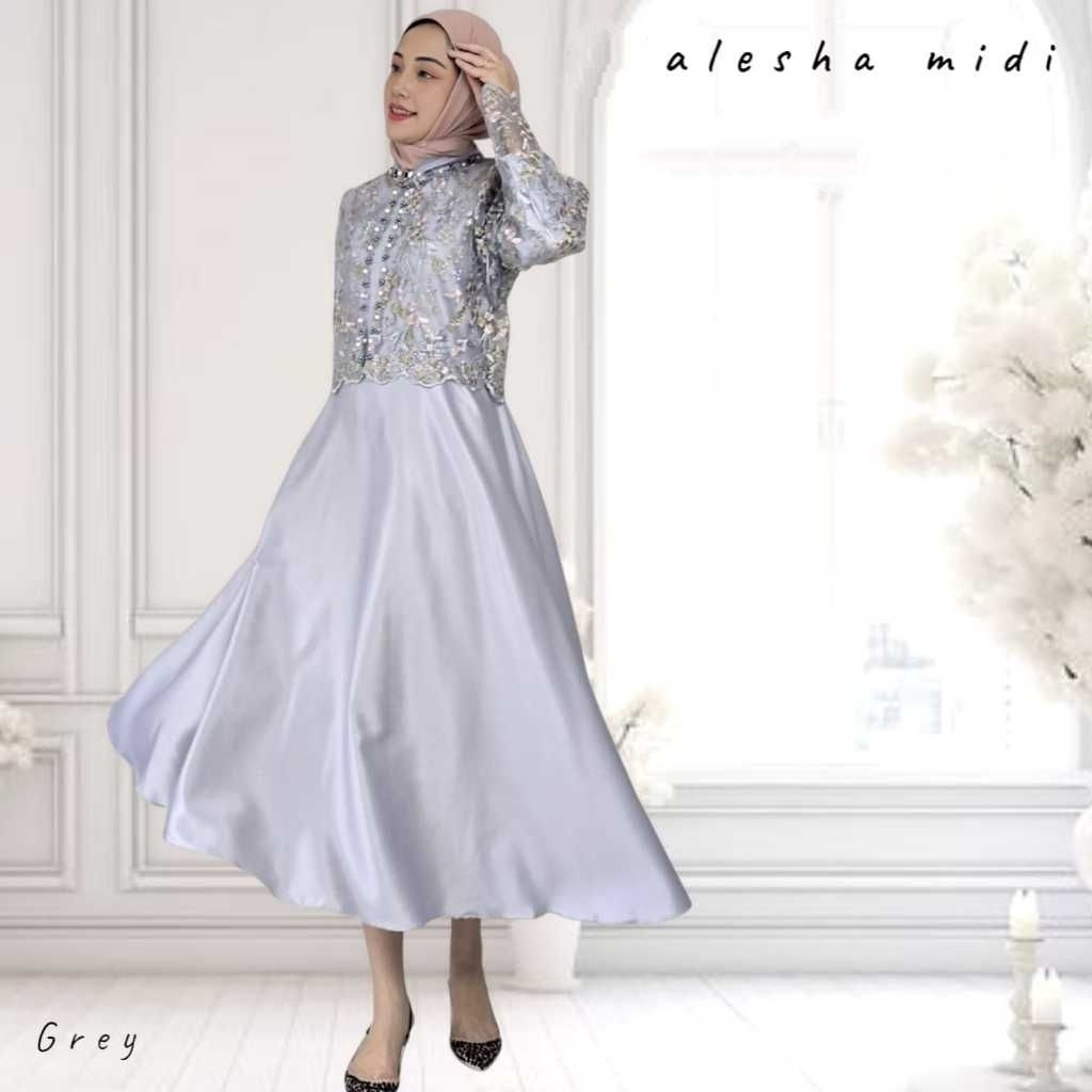 ALESHA MIDI DRESS GAMIS PESTA BUSANA MUSLIMAH NIKAHAN LAMARAN LEBARAN SERAGAMAN BRIDESMAIDS GAMIS SE