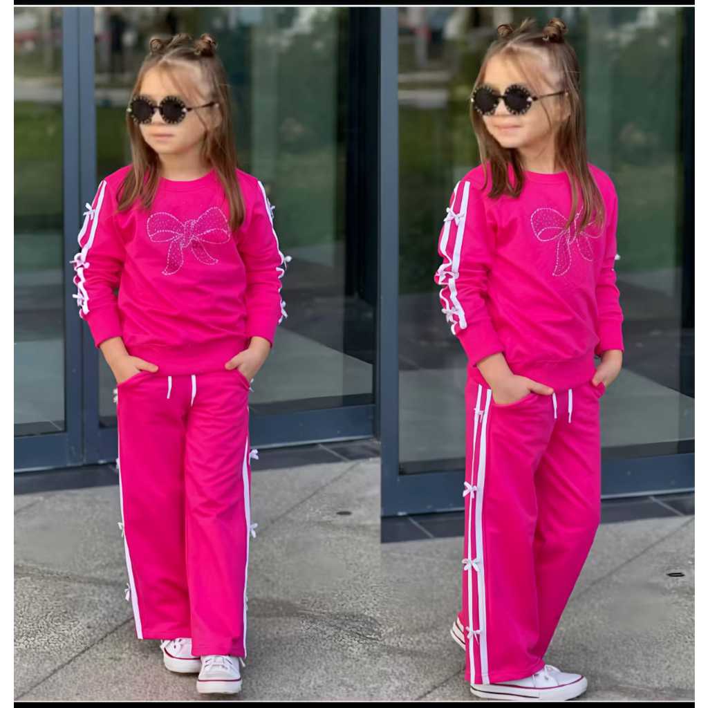 ONE SET ANAK PEREMPUAN MOTI PITA TERBARU USIA 2-10 TAHUN // STELAN BAJU LENGAN PANJANG DAN CELANA KU