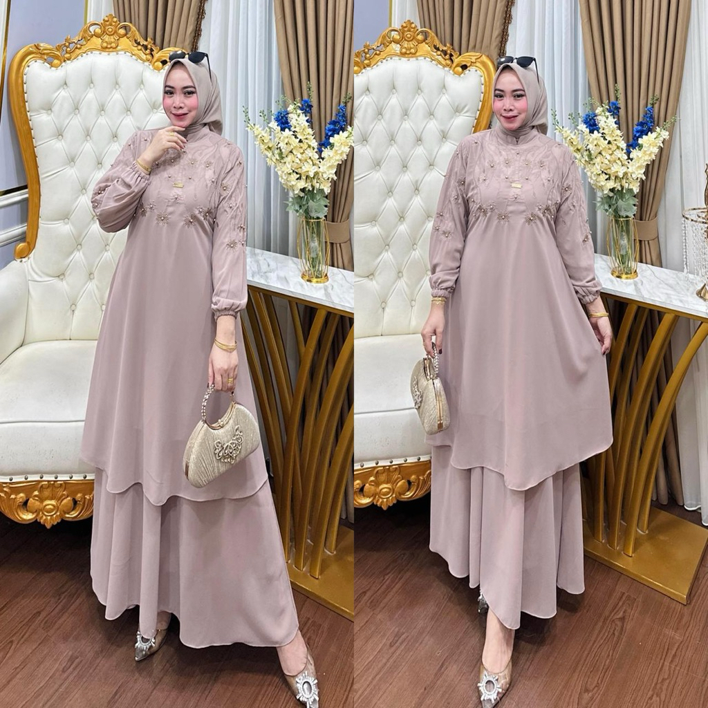 Khadijah set rok/Set rok model tunik malay/setrok dengan motif bordir dan payet bahan ceruty