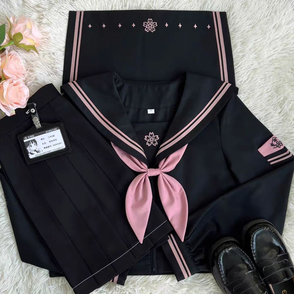seifuku - seragam sekolah perempuan jepang cosplay hitam garis pink foryou