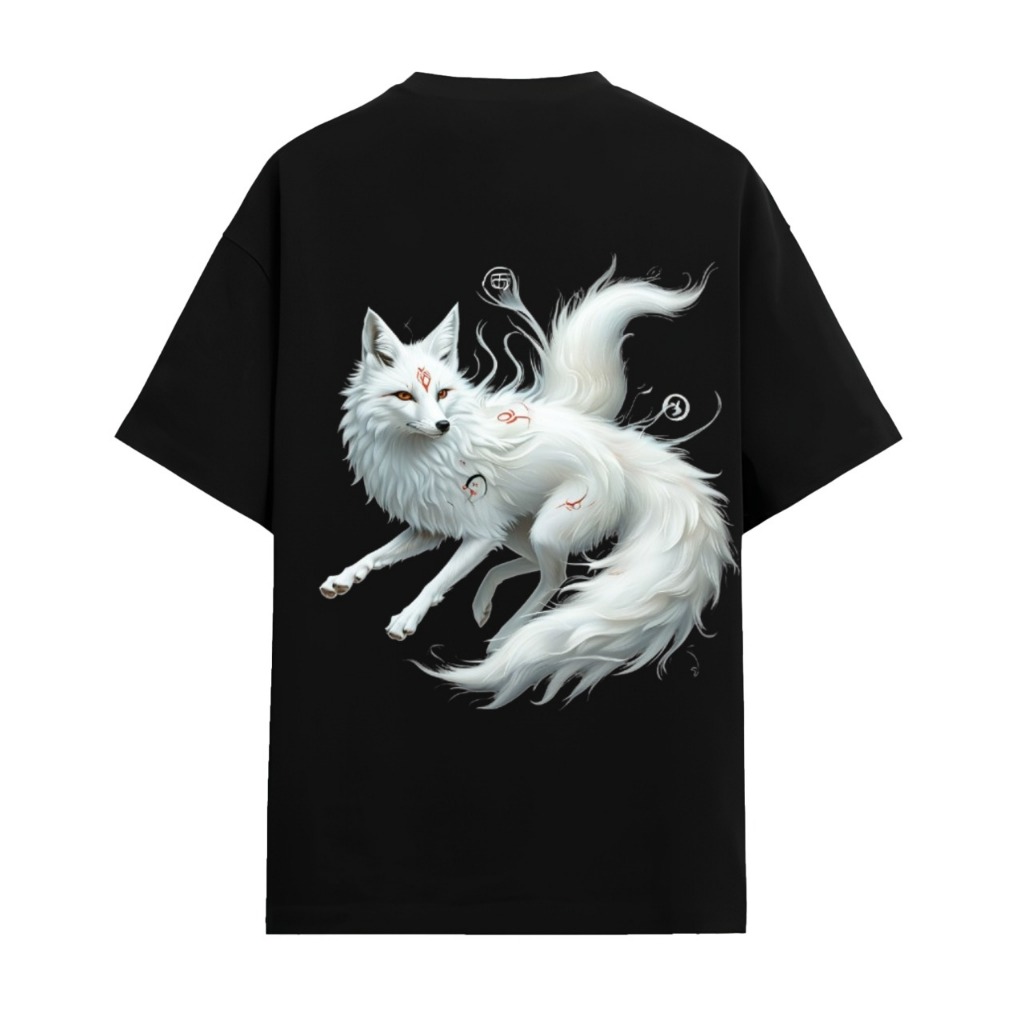 Kaos Hitam Nine Tail Fox | Baju Distro Unisex Rubah Putih Ekor 9 | Streetwear Jepang Keren | Kaos Ki