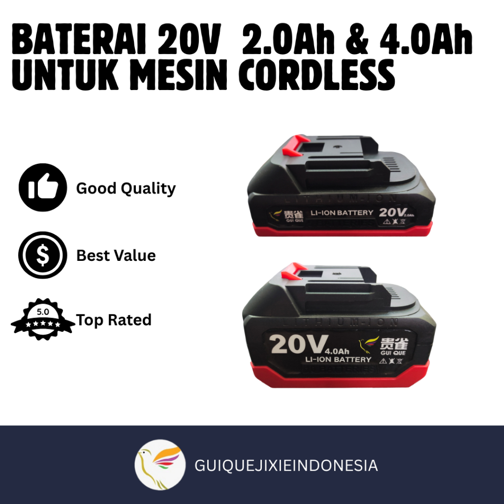 GUI QUE Cordless Battery / Baterai Bor, Impact, Gerinda Tanpa Kabel 20 Volt 2.0Ah & 4.0Ah