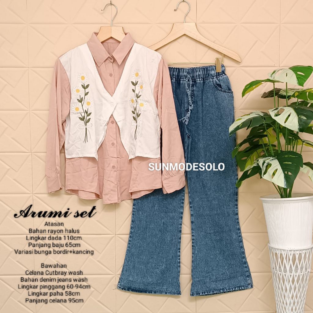 SUNMODESOLO||Arumi Set Atasan Rayon Bordir Dan Bawahan Cutbray Jeans Wash Model Terbaru