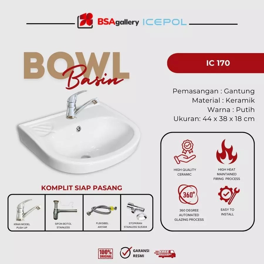 WASTAFEL CUCI TANGAN GANTUNG / WASHTAFEL BASIN MINIMALIS ICEPOL /WASTAFEL PAKET KOMPLIT IC 170