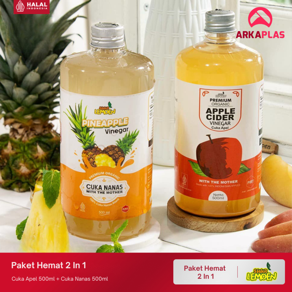 

Paket Hemat Cuka Apel 500ml dan Cuka Nanas 500ml Suur Lemoen By ARKAPLAS