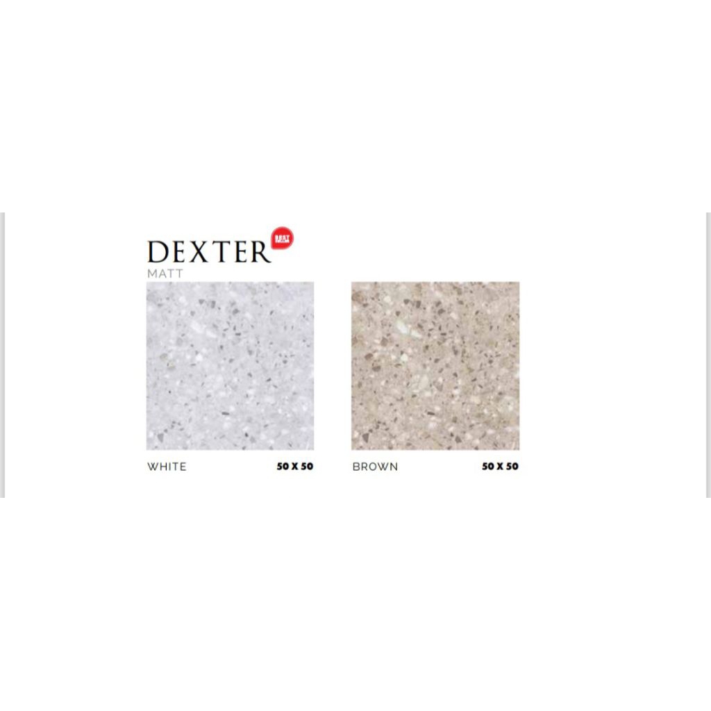 KERAMIK MERK PLATINUM TIPE DEXTER WHITE BROWN UKURAN 50X50 WARNA PUTIH DAN COKLAT MOTIF CORAK TERAZZ