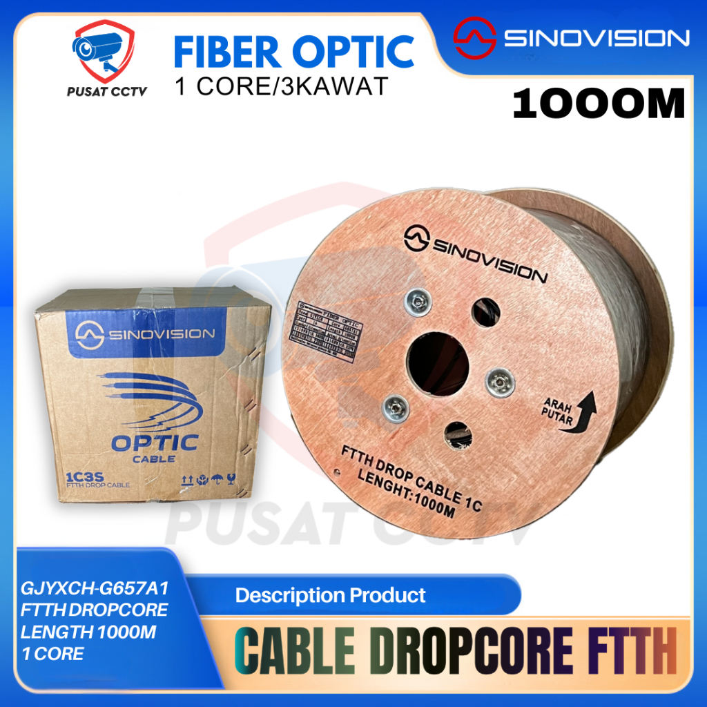 Kabel FIBER OPTIK DROPCORE Sinovision 1/2/4 Core 3 Seling 1000M Fiber Optik Asli Kualitas Bagus