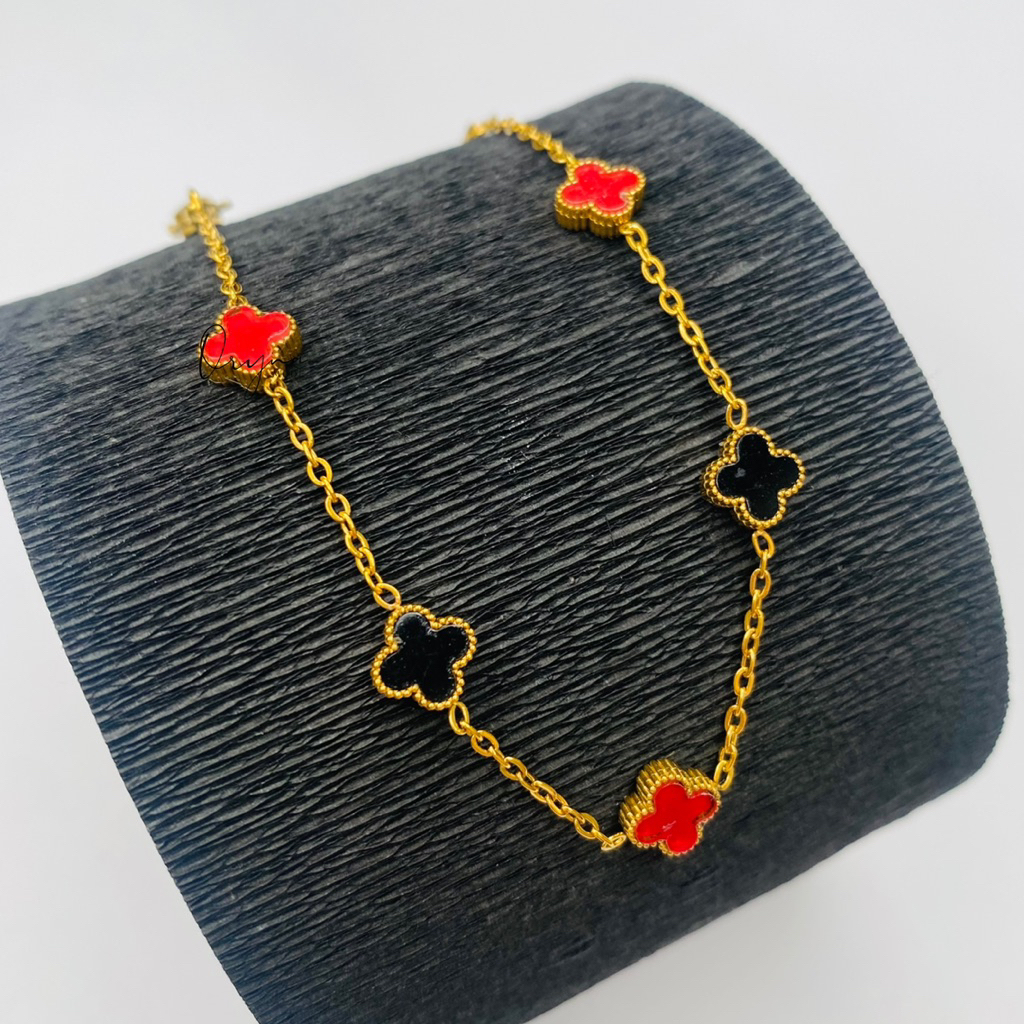 GELANG WANITA VANCLEEF KERAMIK HITAM MERAH STAINLESS STEEL