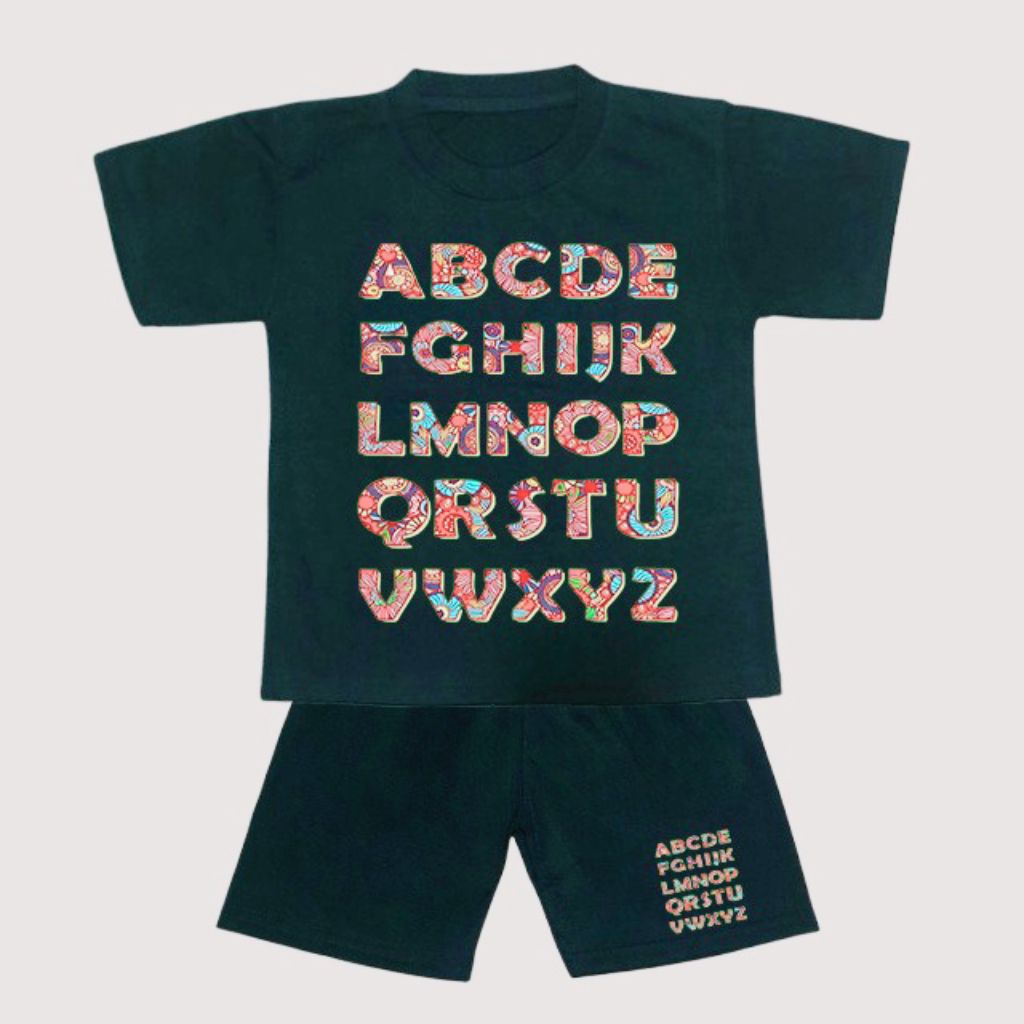 Kaos setelan anak-anak cowok/cewek murah, bermotif huruf ABC BATIK.dari umur 1-10 tahun, bahan katun