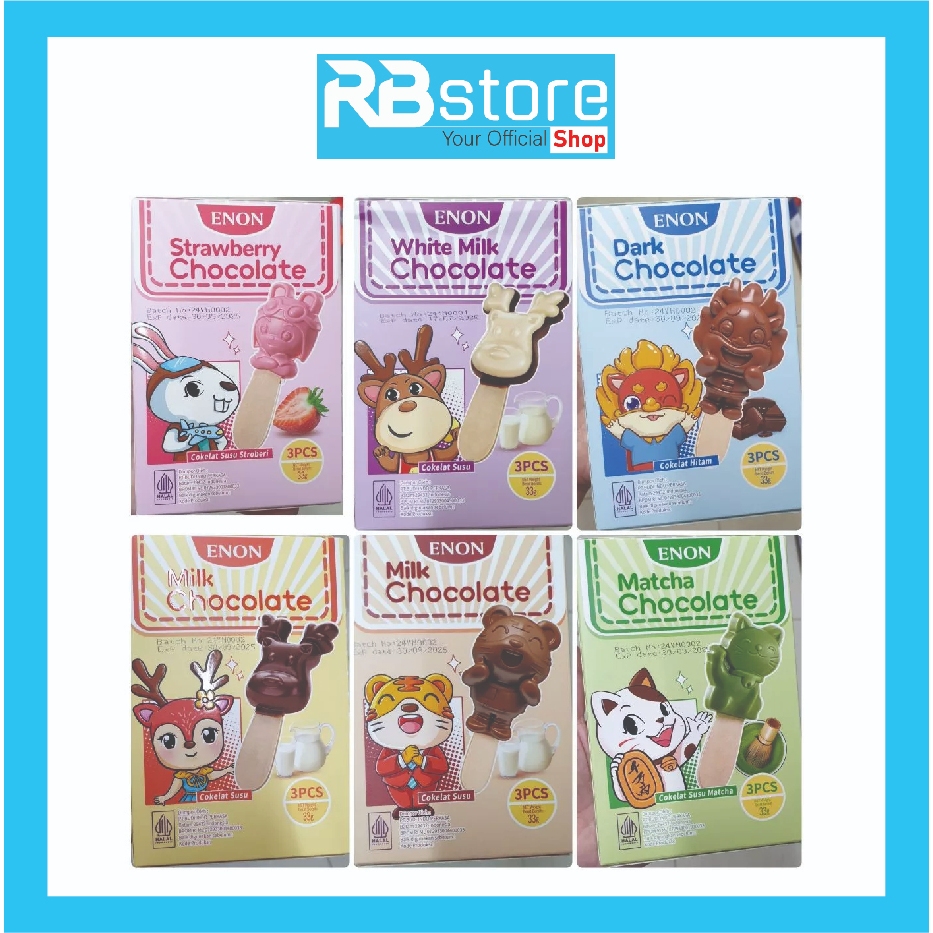 

Enon Milk Chocolate Stick Animal Character Rasa Strawberry/Milk/Dark/White Milk/Matcha 33gr