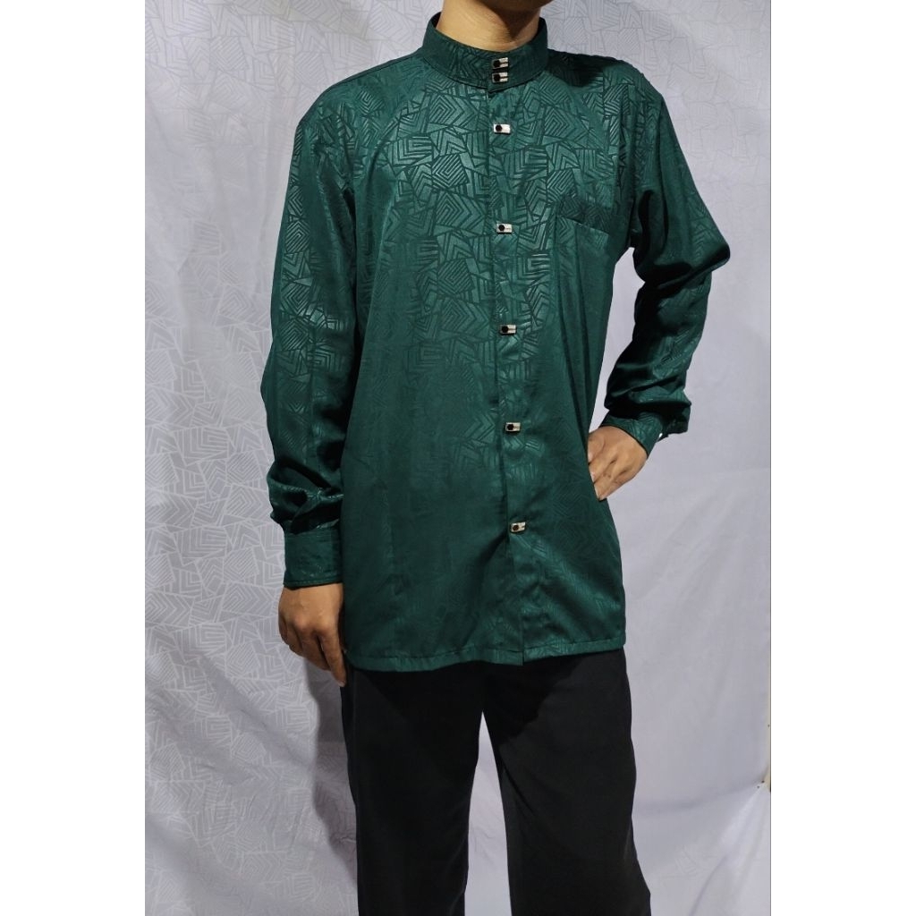 Baju Kemeja Koko Pria Dewasa Motif Embos Sultan Warna Hijau Terbaru Kancing Jepret
