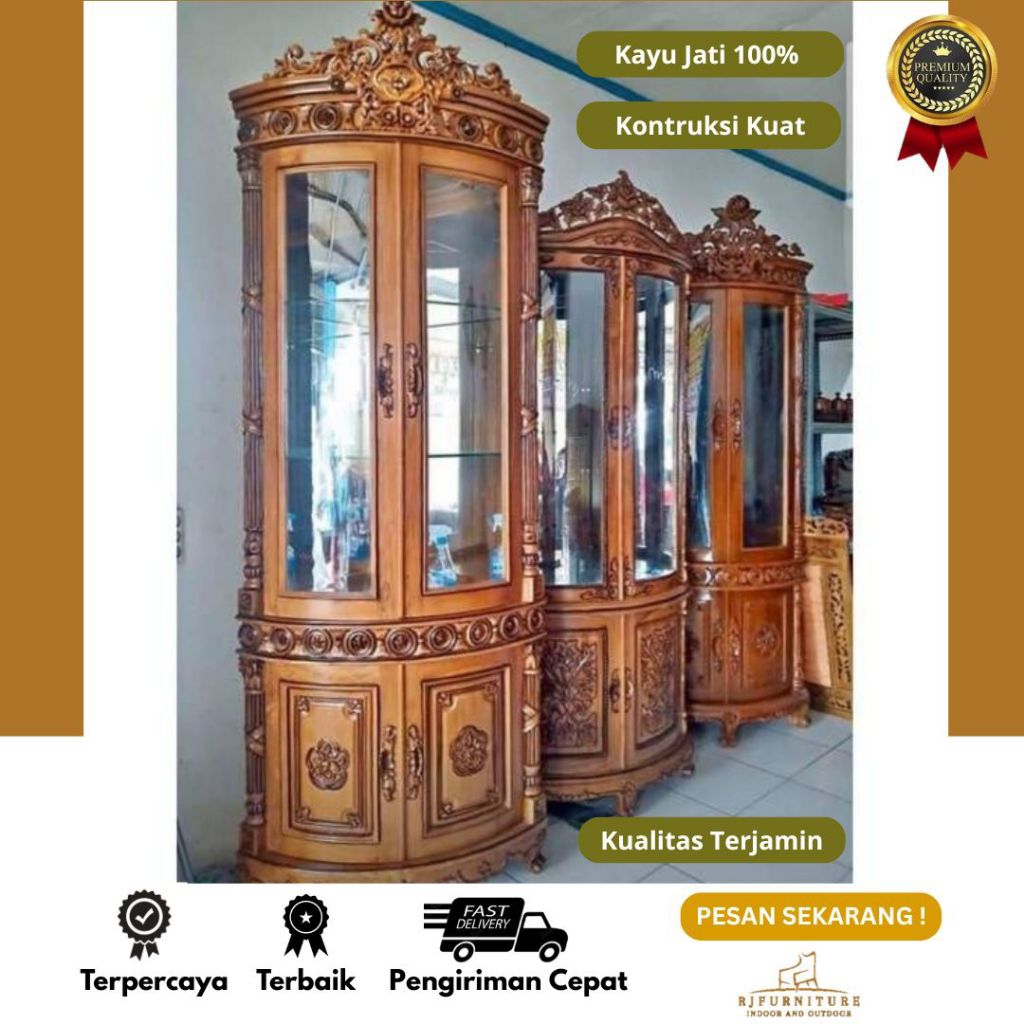 Lemari Hias Rak Sudut Kayu Jati Ukir Minimalis