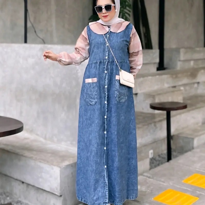 ( Bisa COD) zalina maxy jeans Mix Katun Triset / Dress / Baju Muslim / Pakaian Wanita Model Terbaru