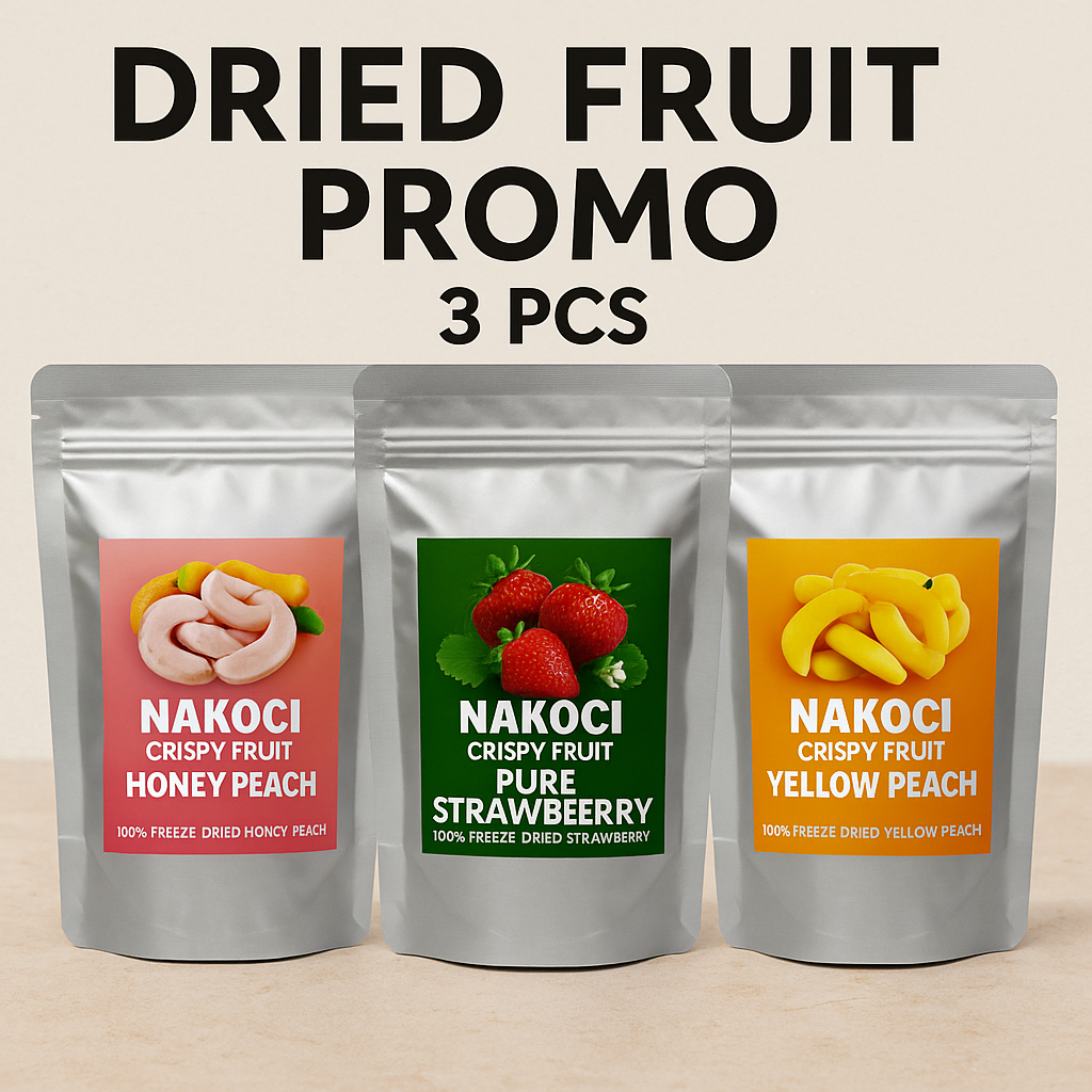 

SUPER HEMAT 3 PCS / 30GR Freeze Dried Fruit Nakoci Snack Buah Kering Crispy Fruity Buah Tin Strawberry Mangga Honey Yellow Peach 30gr