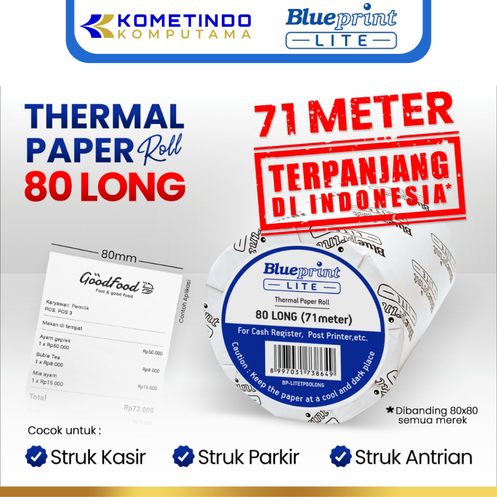 

80 LONG KERTAS THERMAL PAPER 80mm 71METER BLUEPRINT LITE - 1 Roll STRUK KASIR PARKIR ANTRIAN TOL RESI 80mm LONG Termal
